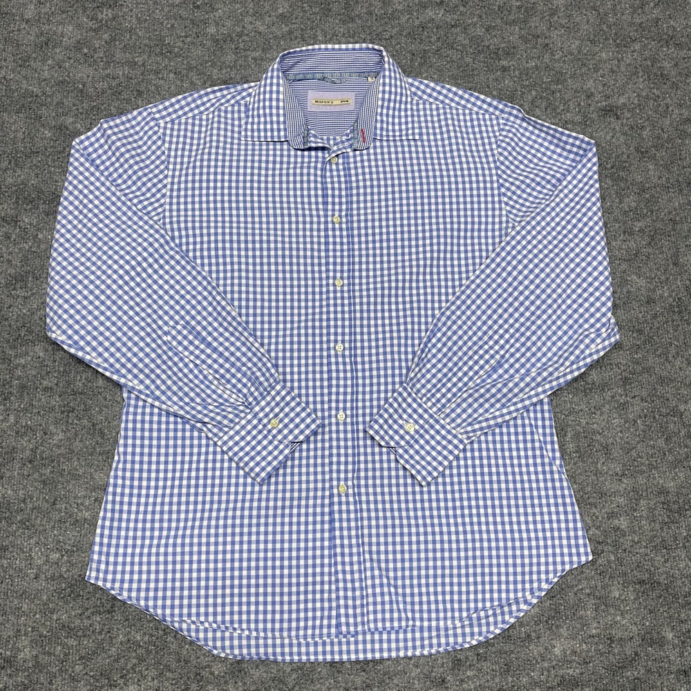Mason's M.J.74 Shirt Mens Large Blue White Gingham Button Down Shirt Long Sleeve
